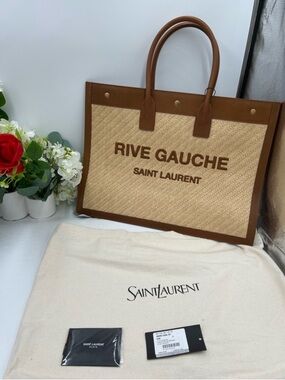 Women’s Saint Laurent RIVE GAUCHE tote bag natural sand, RAFFIAN brick leather